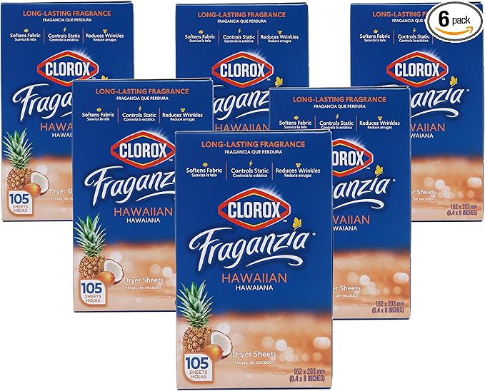 Clorox Fraganzia Fabric Softener Dryer Sheets, Hawaiian Scent - Wrinkle Reducing Scented Softening Laundry Dryer Sheets for Great Smelling Clothes, 105 Count - 6 Pack