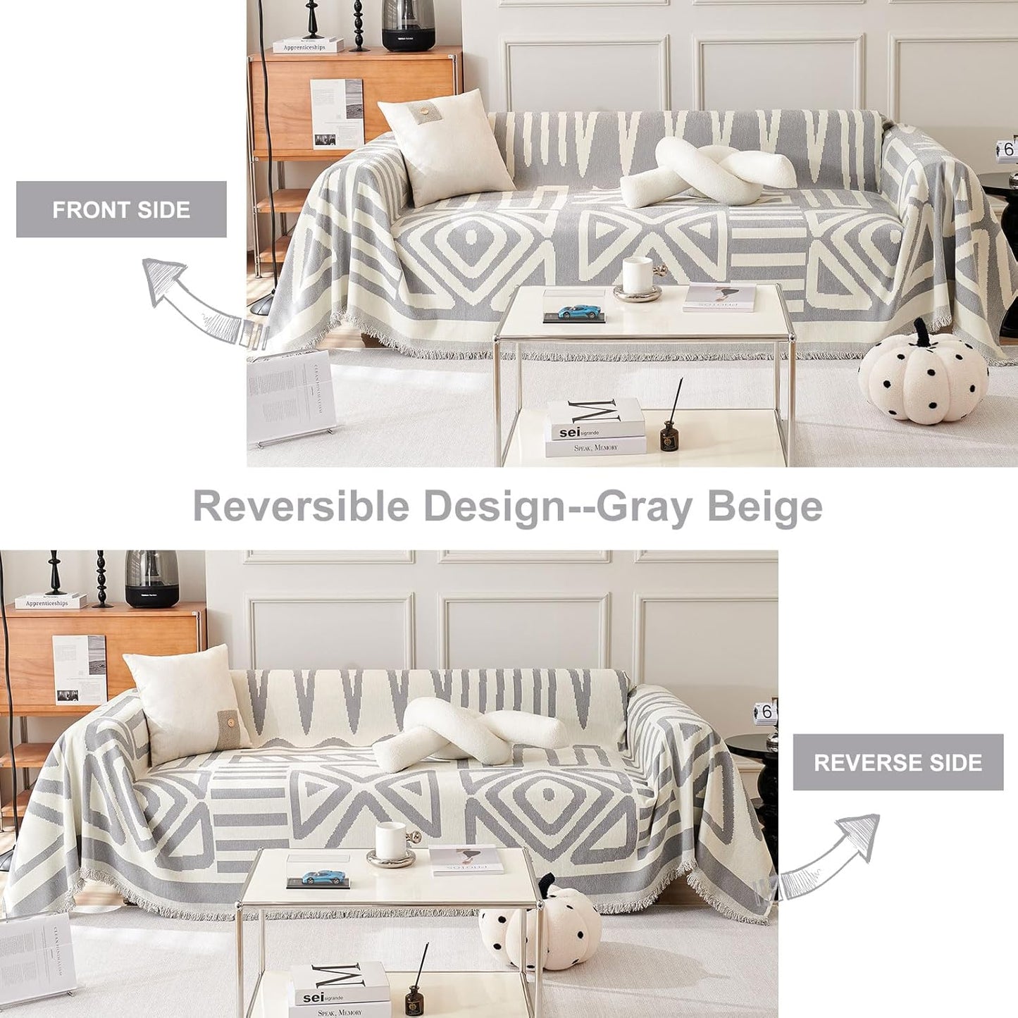 STACYPIK Dark Gray Couch Cover, Boho Chenille Sofa Covers Pet-Friendly, Reversible Non Slip Furniture Protector for 3 Cushion Couch, Modern Triangle Couch Cover for Loveseat,Multi-Use Blanket-71X134IN