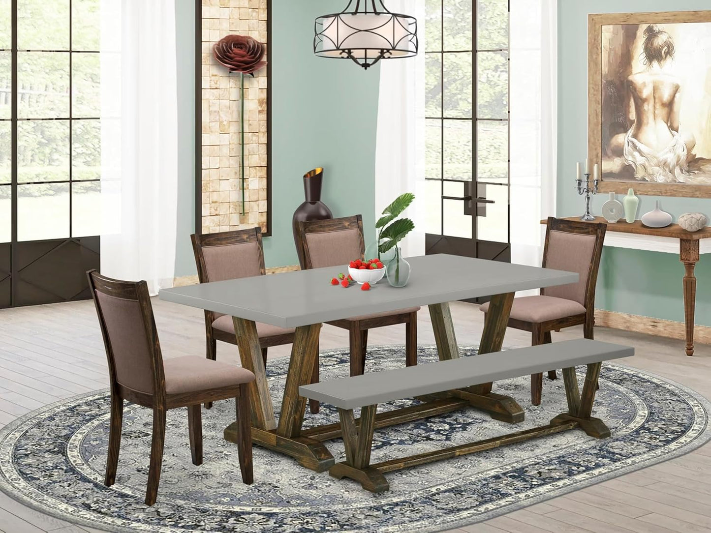 East West Furniture V797MZ748-6 6 Piece Modern Dining Table Set Contains a Rectangle Wooden Table with V-Legs and 4 Coffee Linen Fabric Parson Chairs with a Bench, 40x72 Inch, Multi-Color