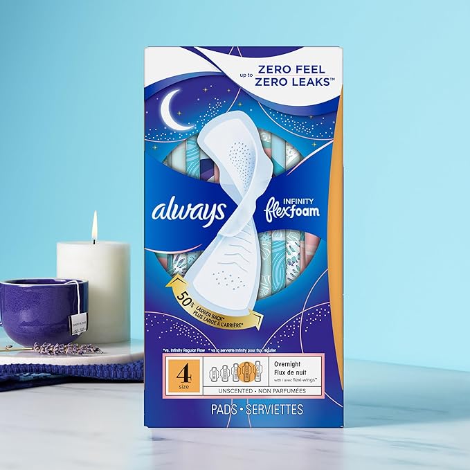 Always Infinity Feminine Pads for Women, Flexfoam Pads with Wings, Size 4, Overnight Absorbency, Unscented, 38 Count