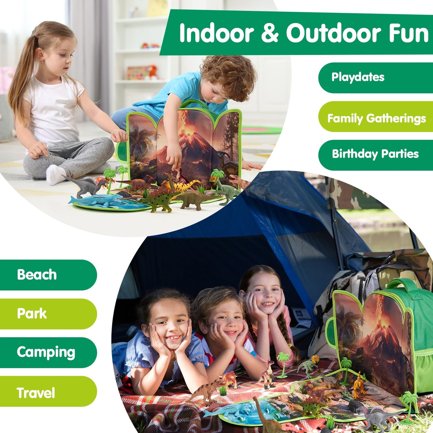 COCO&Friends Dinosaur Toys for Kids 3-5 - Portable Dinosaur Backpack Play Set with Foldable 3D Mat, Pretend Play Toy for 4 Year Old Boy Birthday Gift - Travel Outdoor Beach Toys for Kids Ages 4-8