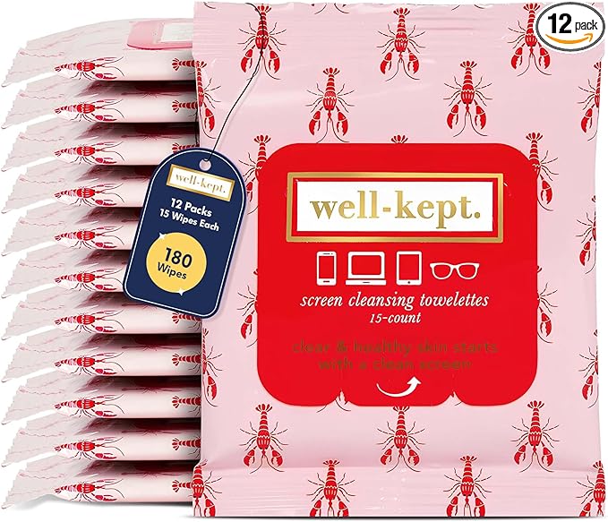 Well-Kept Tech & Lens Wipes - Eyeglass, Screen & Phone Cleaning, Multi-Surface, Lint-Free, Pre Moistened, Streak-Free & Non Scratching - Lobsterfest, 12 Pack (180 Count)