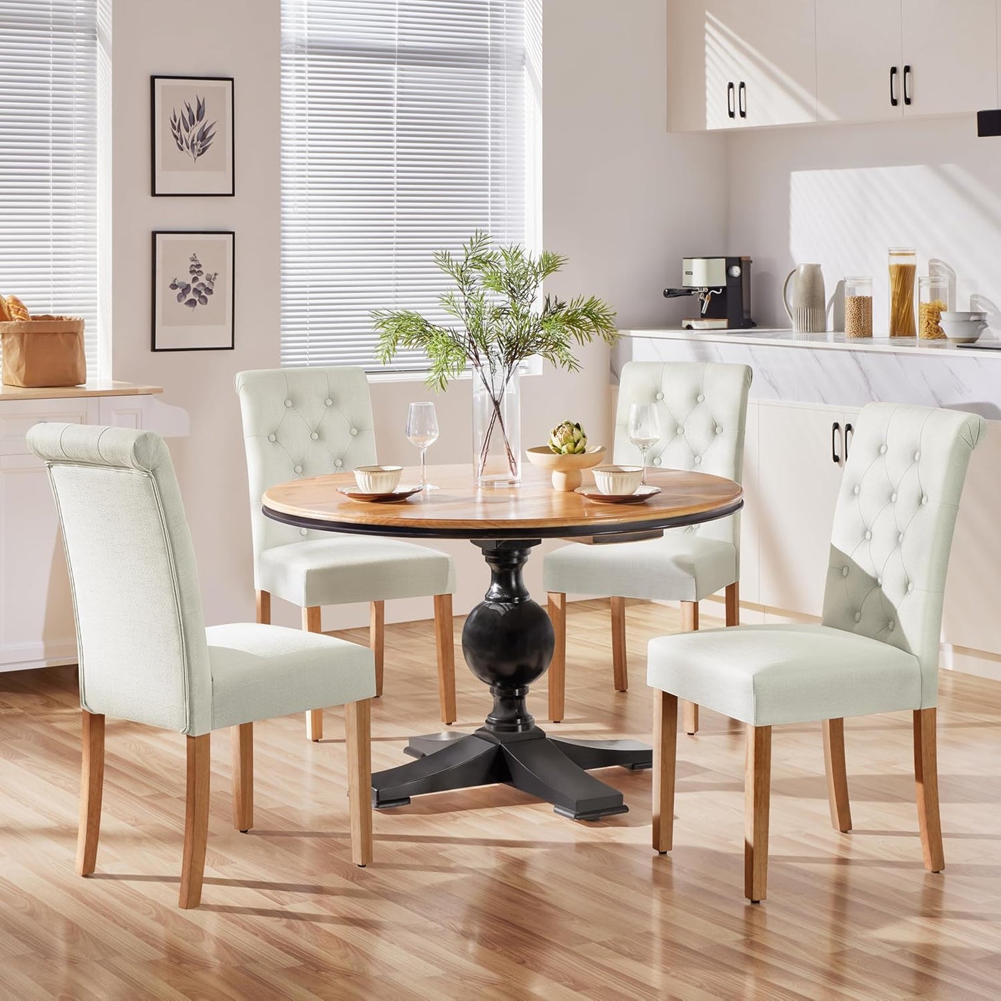 Yaheetech Dining Chairs Set of 4 Fabric Upholstered Dining Room Chairs with Button Tufted High Back and Solid Wood Legs for Kitchen/Living Room/Restaurant, Modern Style, Beige