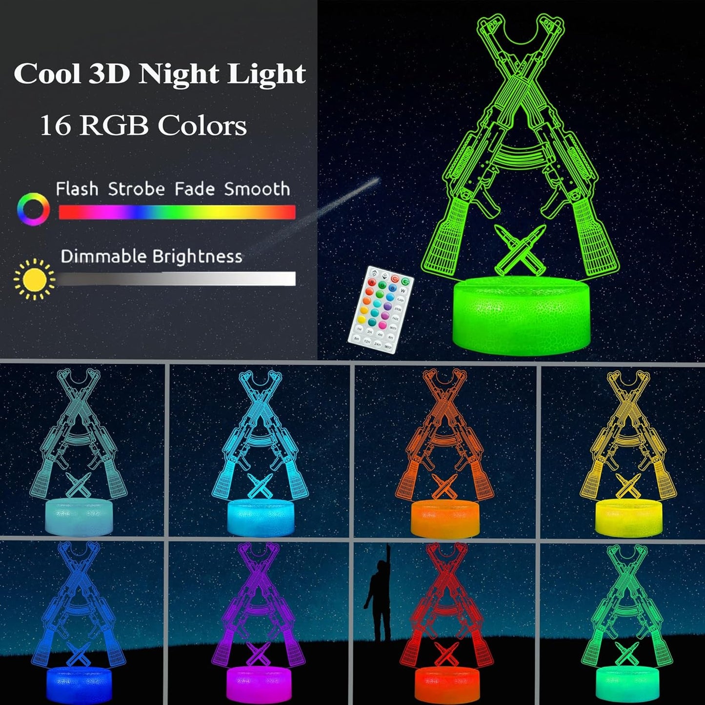 AK47 Night Light, Gun Model Gifts, 16 Colors Changing 3D Lamp with Remote Control, Dimmable, RGB Flashing Mode and Timer, Game Living Room Decoration, Holiday Xmas Gifts