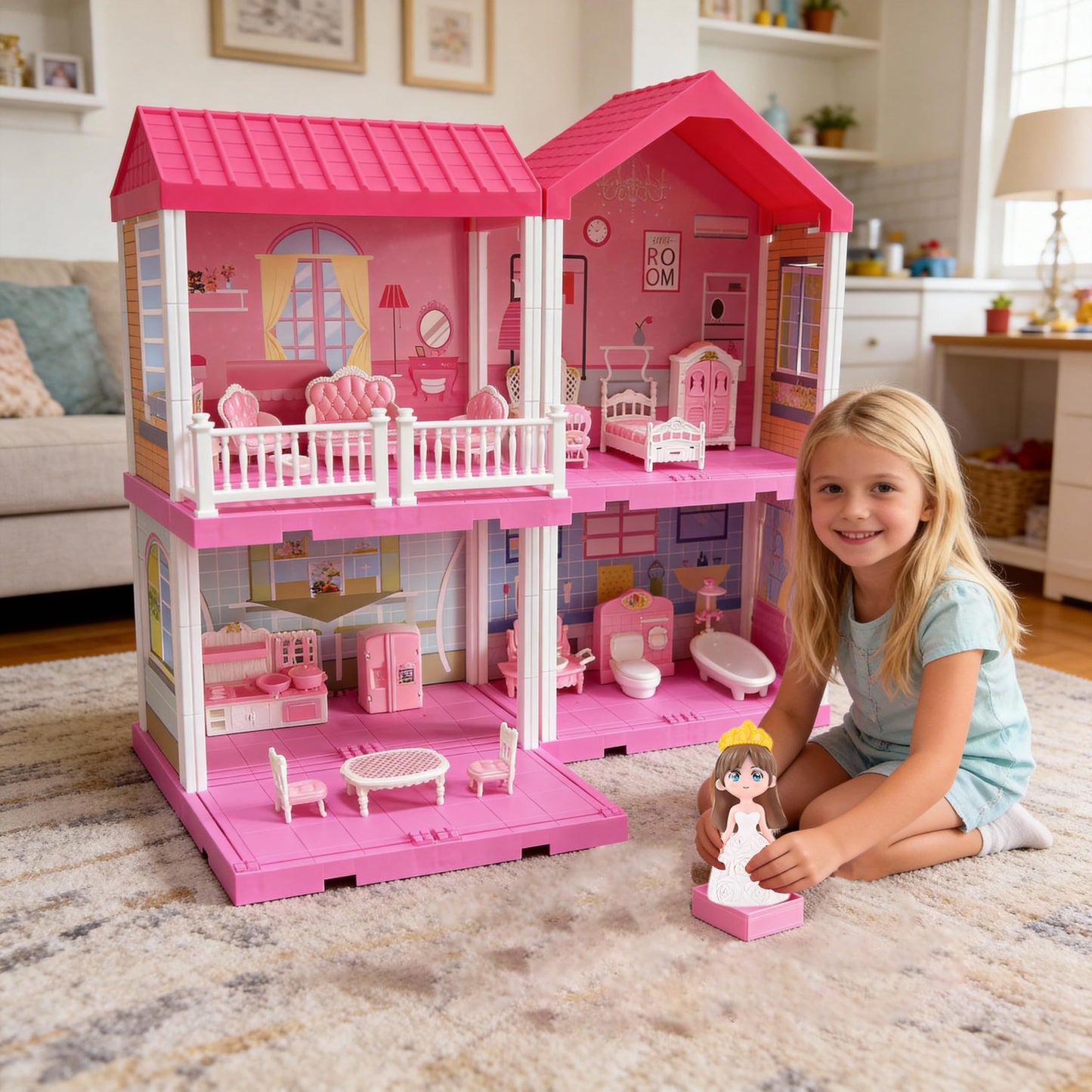 52 Pcs Dollhouse Furniture, Doll House Accessories and Furniture, Kitchen, Bedroom, Living Room, Bathroom Accessories, Miniature Dollhouse Accessories