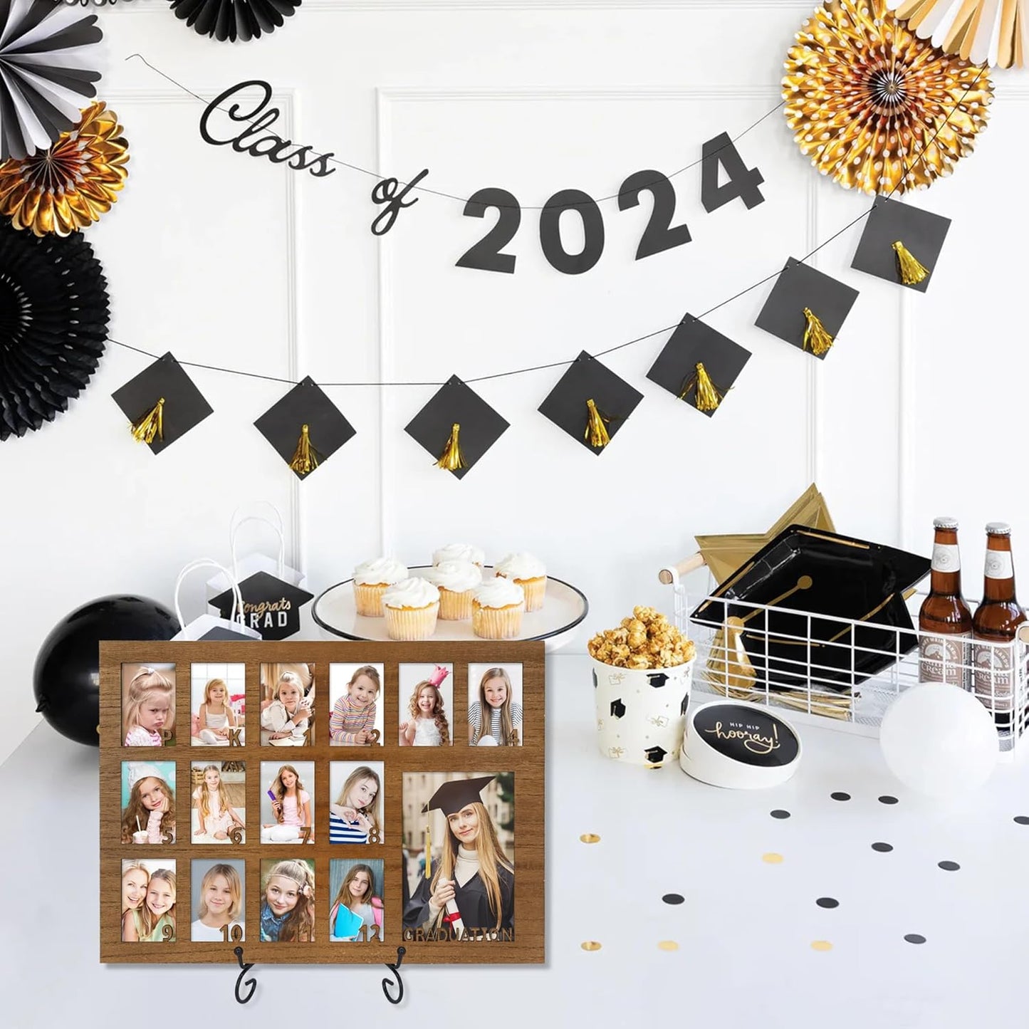 School Years Picture Frame Pre K to 12 Wooden Graduation Gift Collage Frame with Stand Easel, Displays One 4x6 and Twelve 2x3 Wallet Photos
