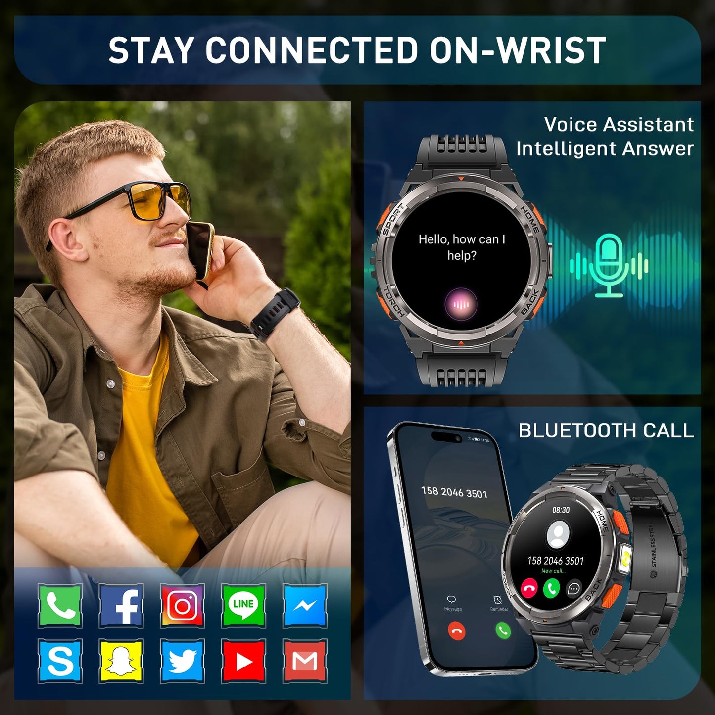 Leuceira Military Smart Watches For Men With Led Flashlight, Tactical Rugged Smart Watch With 1.45 Hd, 3Atm Waterproof & Compass