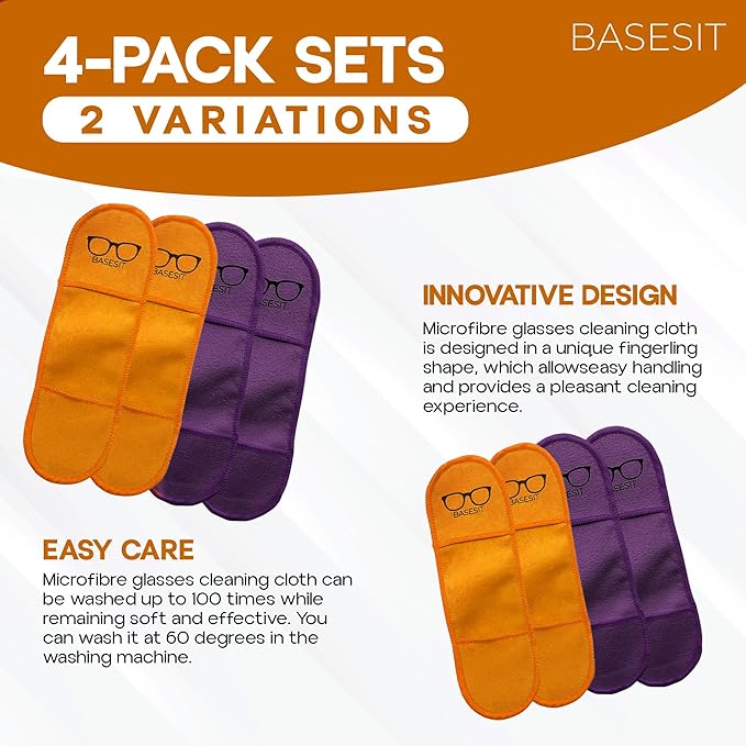 Eyeglass Cleaner Cloth 4 Pack, Eye Glasses Cleaner Wipes, Lens Cleaner, Anti-Scratch, Screen Cleaning Cloth, Eyeglass Cleaning Cloth, Lens Cloth, Eye Glasses Cleaner Cloth (Orange/Purple)