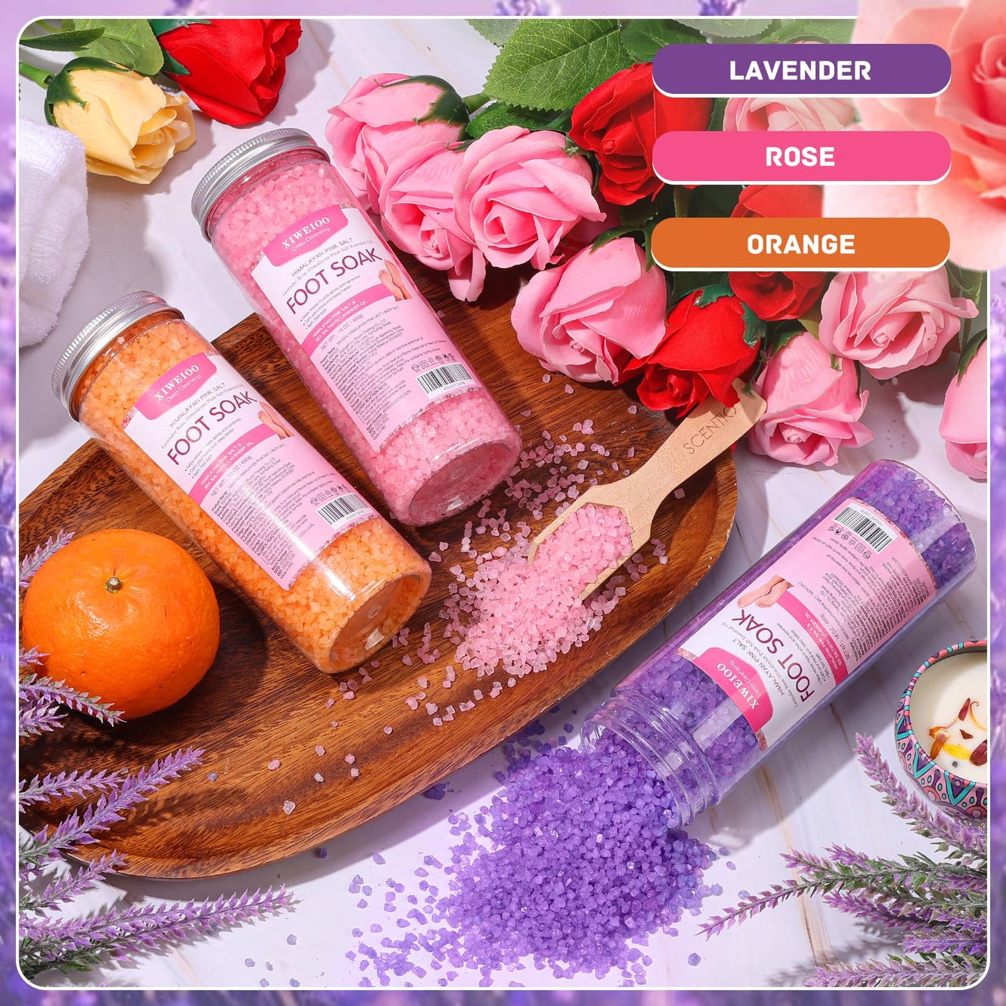 XIWEIOO 3 Pack Foot Soak Salts Kit Epsom Salt - Himalayan Pink Salt - Dead Sea Salt - Foot spa Care Best for Good Sleep Essential Oils Tea Tree Oi Lavender Rose for Women