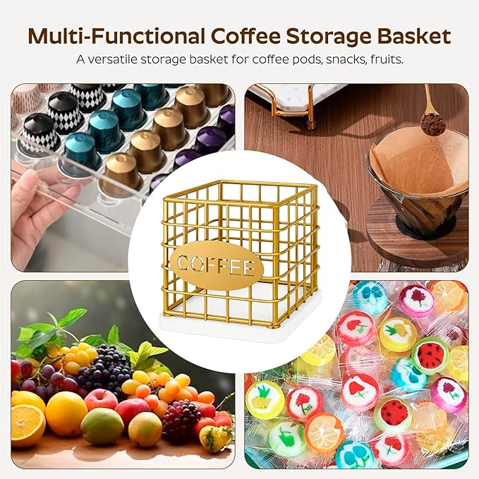 Coffee Pod Holder for K Cup, Large Capacity Coffee Pod Organizer, Versatile Coffee Capsule Storage Basket with Wooden Base, Gold and White KH10DW