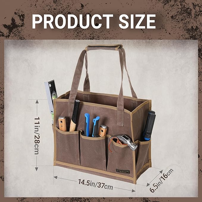 Heavy-Duty Waxed Canvas Tool Pouch - 14-Pocket Garden Tool Organizer with Removable Handle | Multi-Compartment Storage Bag for Tools (14.5" x 11" x 6.5", Grey)
