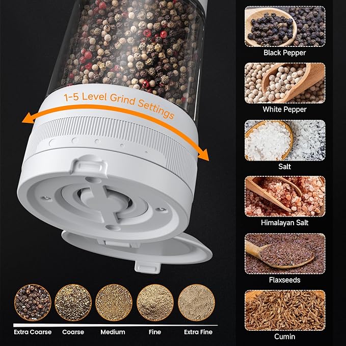 Electric Salt and Pepper Grinder Set,2 Pack Rechargeable Automatic Pepper Mill,with Charging Base,5 Level,Display,LED Lighting,Large Capacity,Kitchen Gift (2, White, Charging Base)