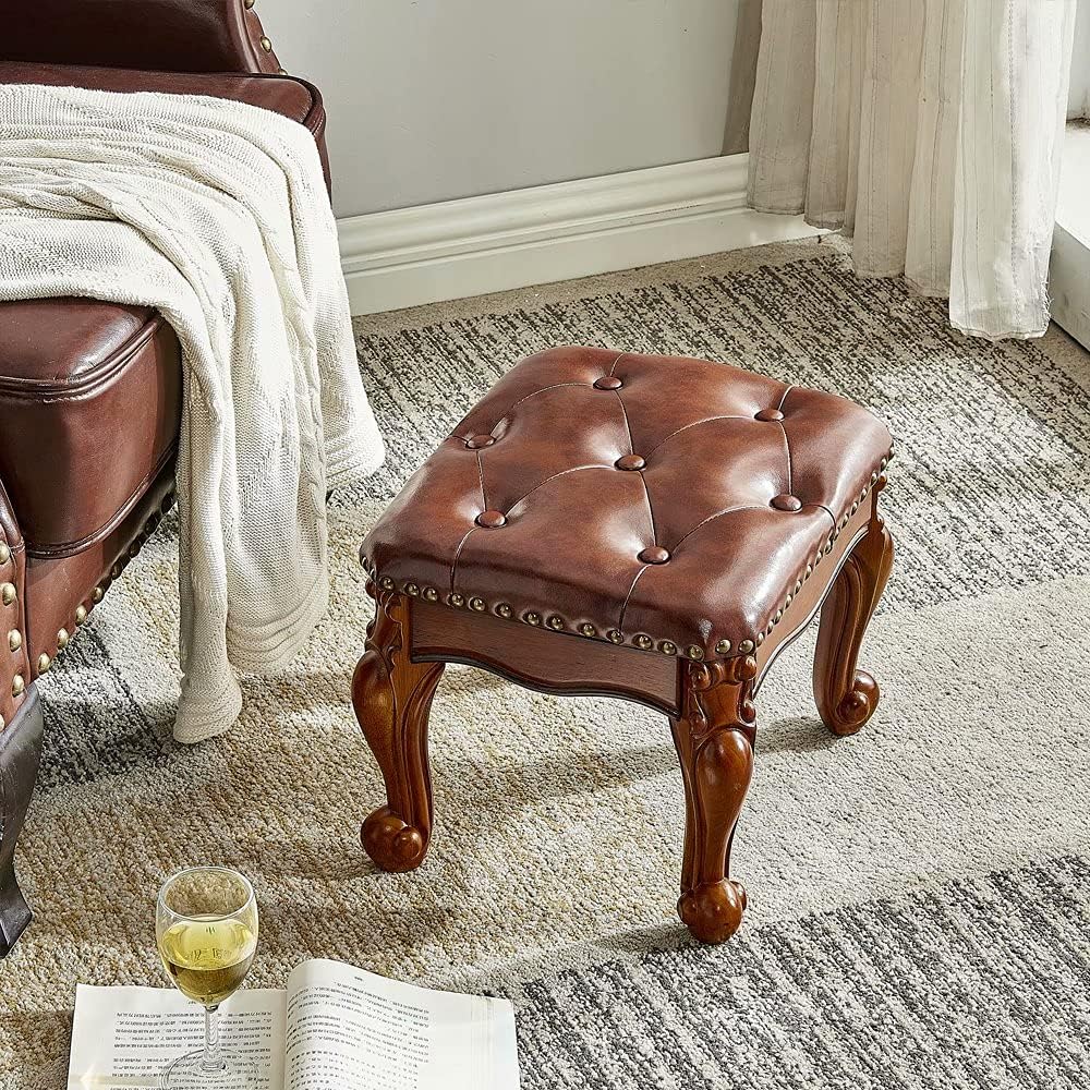 Foot Stool Ottoman with Microfiber Leather Cushion Footrest Sofa Stool for Hallway, Foyer, Living Room, Bedroom, Simple Assembly (Brown)