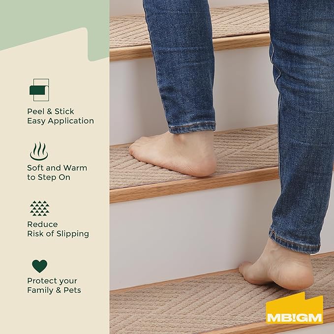MBIGM 8 X 30inches, 15 in Pack, Non-Slip Carpet Stair Treads Non-Skid Safety Rug Slip Resistant Indoor Runner for Kids Elders and Pets with Reusable Adhesive, Cornstalk Weave