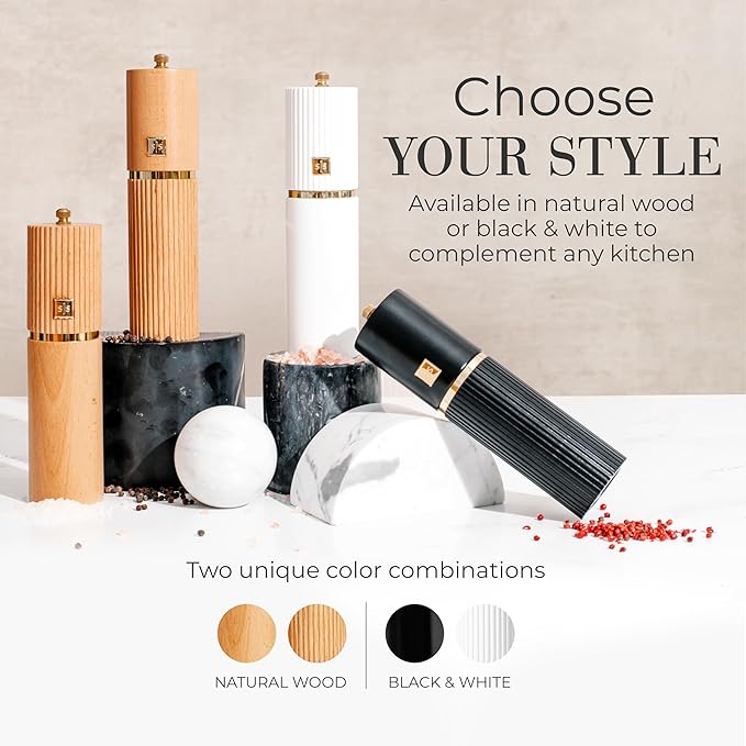 Styled Settings White and Black Salt and Pepper Grinder Set with Gold Accents – Set of Two Refillable Wooden Manual Grinders with Adjustable Ceramic Mills & Matching Wooden Stand - Ideal for Gifting