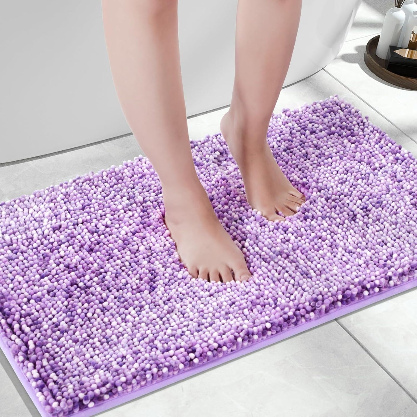 Yimobra Chenille Bathroom Rugs, 28x17.5, Extra Soft Bath Mats for Bathroom Non Slip, Fluffy Plush Luxury Shower Mat Outside, Water Absorbent, Machine Washable, Purple & Lavender
