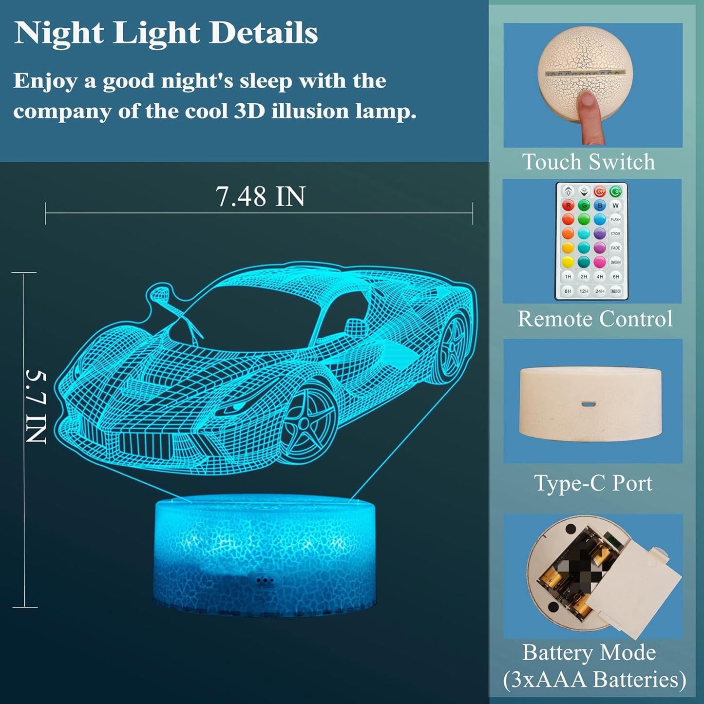 Car Gifts for Men, Racing Vehicle Night Light with Remote Control, 16 Colors Changing, Timer, RGB Flashing Mode and Dimmable, Cool Gifts for Boys Christmas Decor
