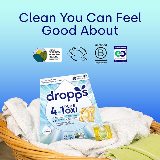 Dropps 4-in-1 Plus Oxi Free & Clear Power Biobased Laundry Detergent Pods, Unscented (76 Pods) - Chlorine-Free Bleach Alternative Biobased Laundry Whitener, Stain & Odor Remover
