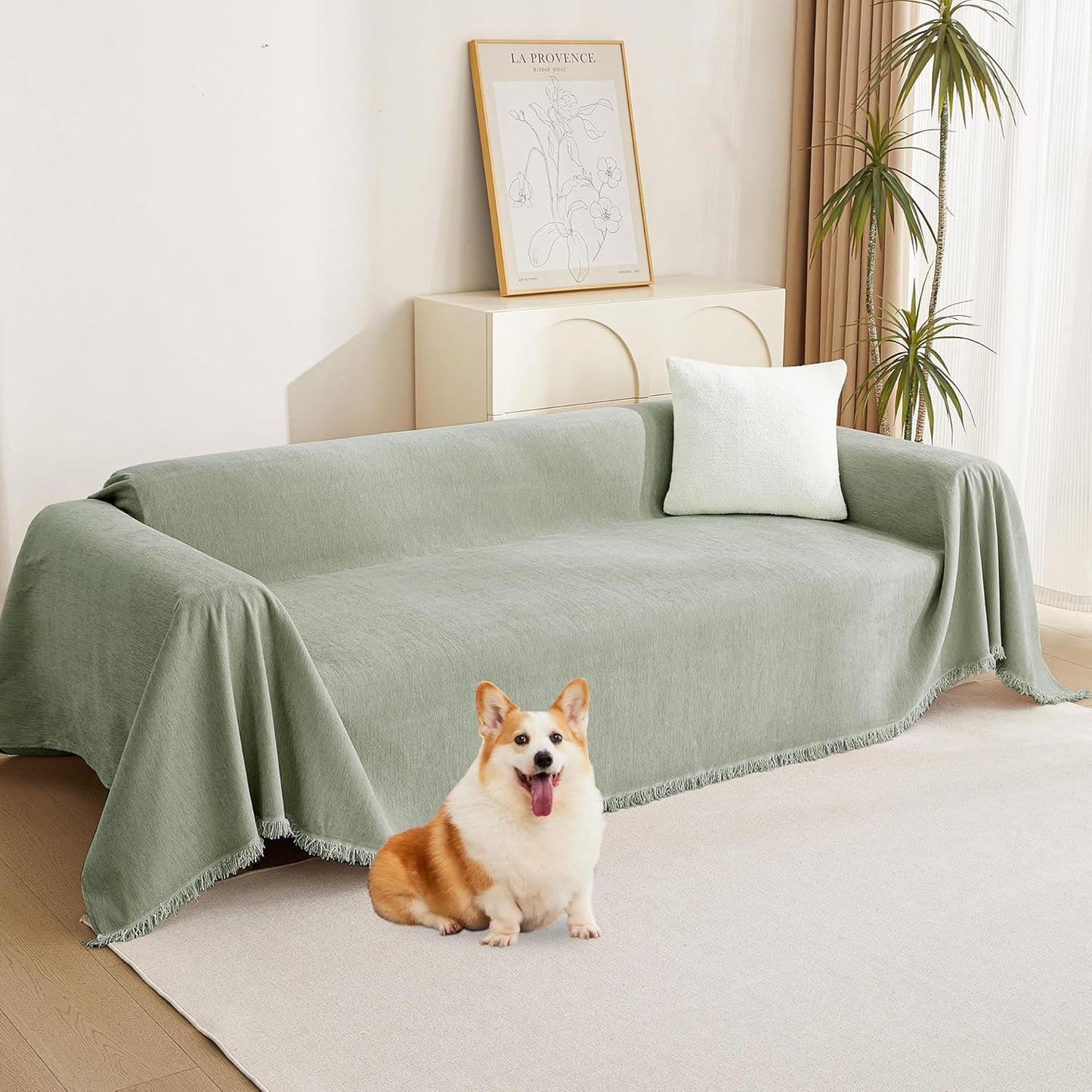 MYSKY HOME Chenille Sofa Slipcovers Sage Green Sofa Covers with Tassel Edge L Shaped Sectional Couch Covers for 3 Cushion Couch, Washable Thick Durable Furniture Protector for Dogs Kids 71"x 134"
