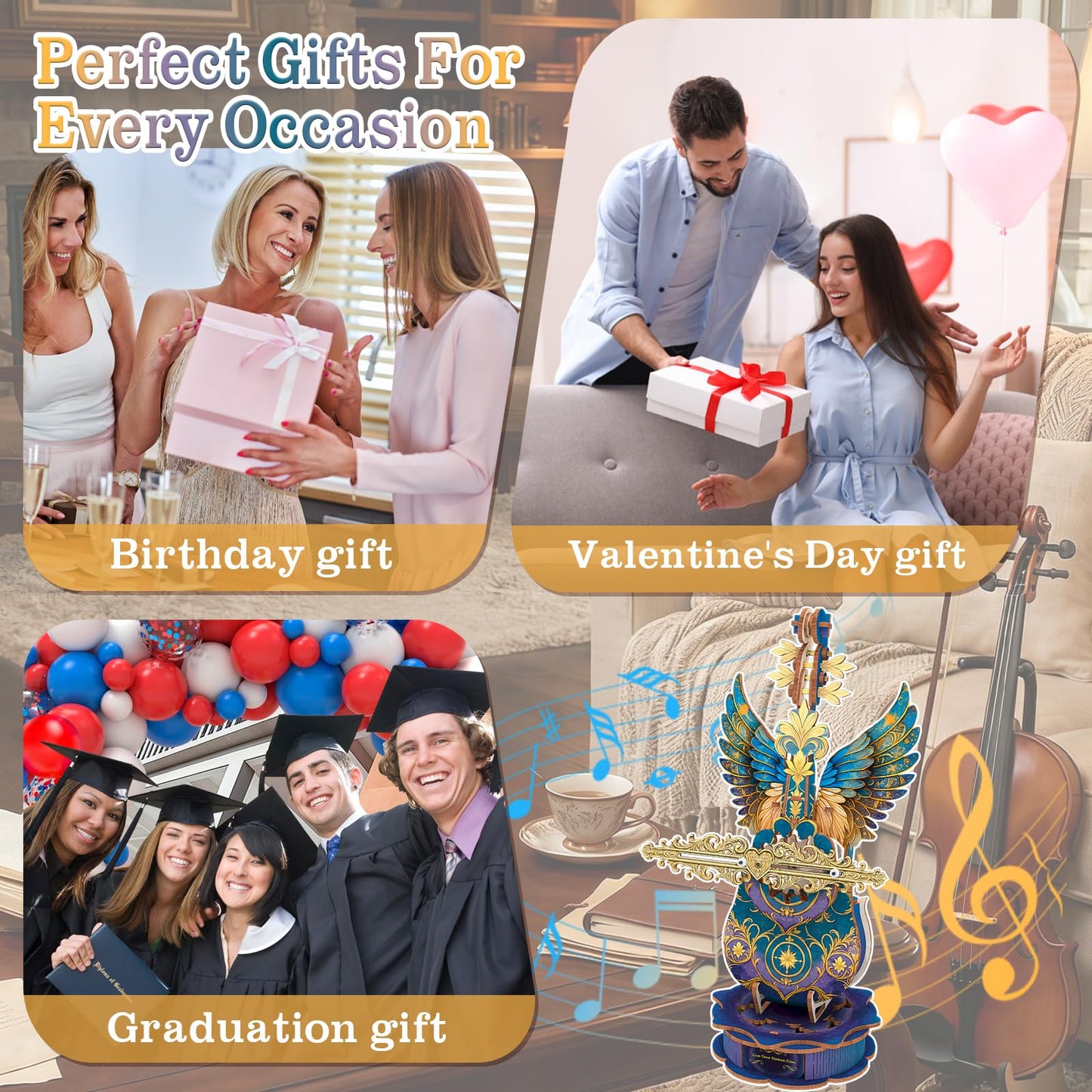 3D Wooden Puzzles for Adults, Mechanical Cello Music Box Kit with Base, DIY Wooden Model Kits to Build, Birthday Valentine's Day Gifts for Women Men, Music Box Puzzle Lover