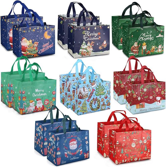 16PCS Christmas Gift Bags, Non-Woven Treat Tote Christmas Bags with Handles for Gifts Wrapping Shopping, Xmas Party Supplies, 12.8"×9.8"×6.7"