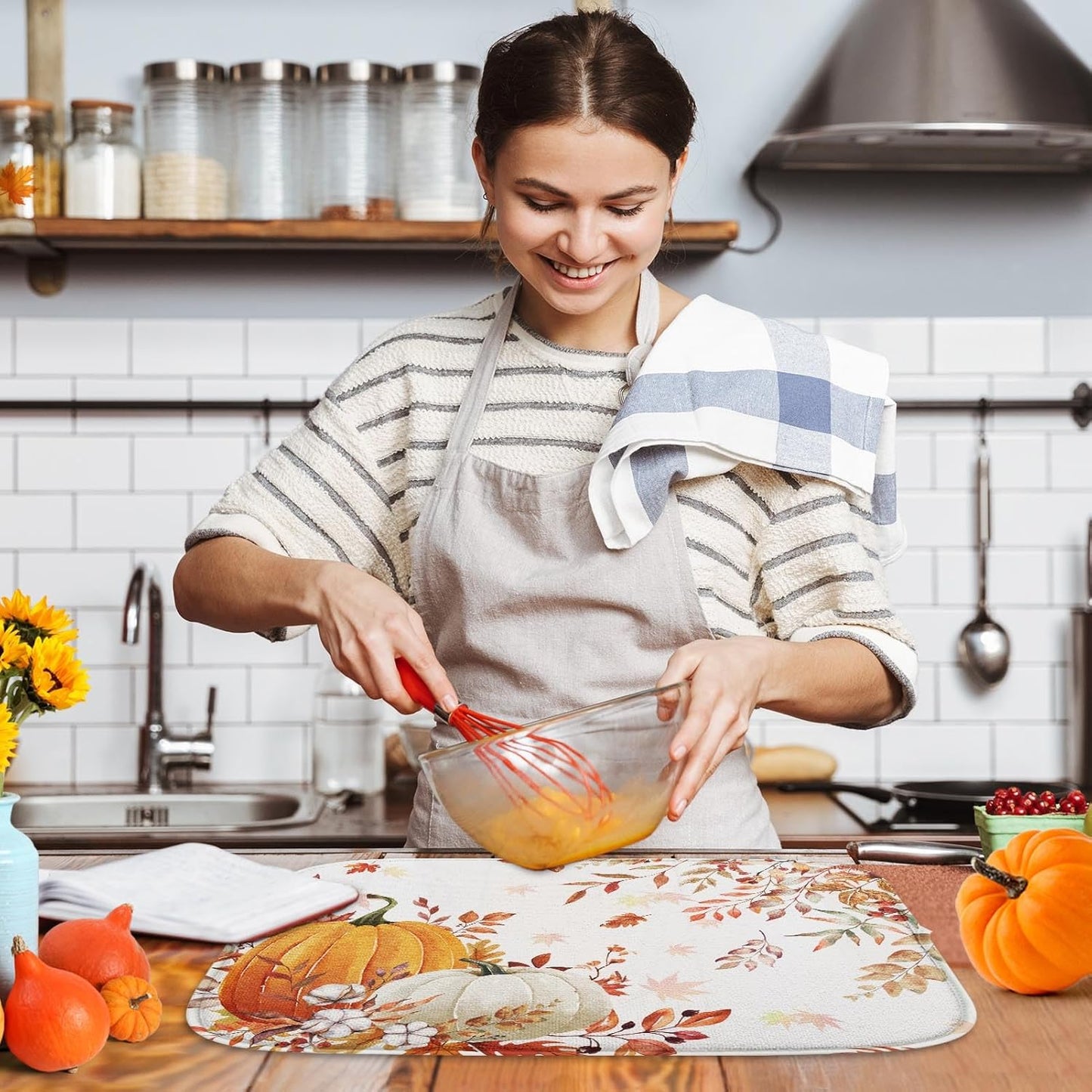 Sanwarm Autumn Orange White Pumpkin Absorbent Dish Drying Mat,Fall Leaves Thanksgiving Microfiber Pad for Kitchen Counter, Coffee Bar Decor, Heat Resistant and Reversible,16" x 18"
