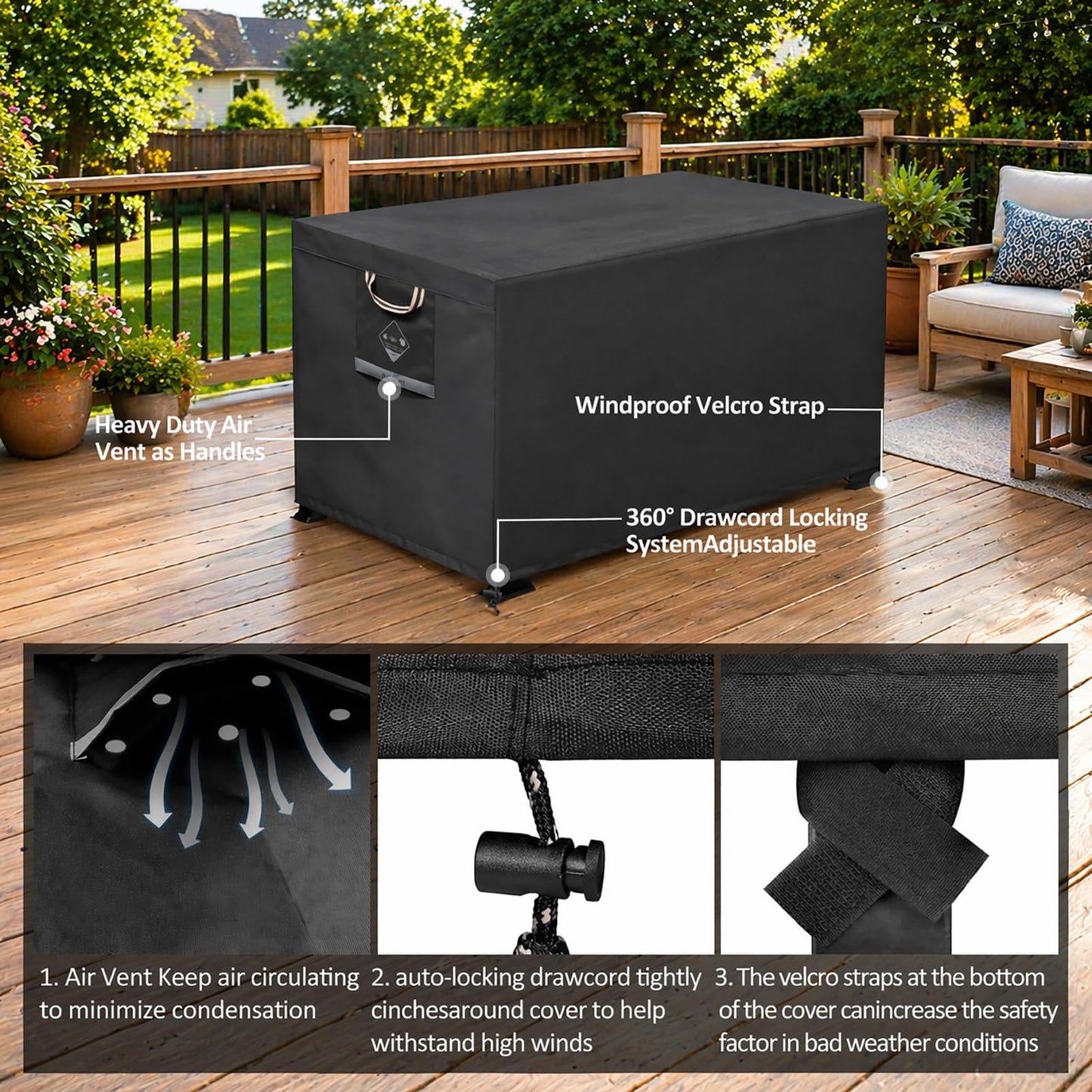QH.HOME Fire Pit Cover Rectangular Super Waterproof 44" L x 28" W x 24" H, UPF 50+ Outdoor Fire Pit Table Cover 600D Strong Tear Resistant and Fading Resistant for Rectangular Fire Pit - Black
