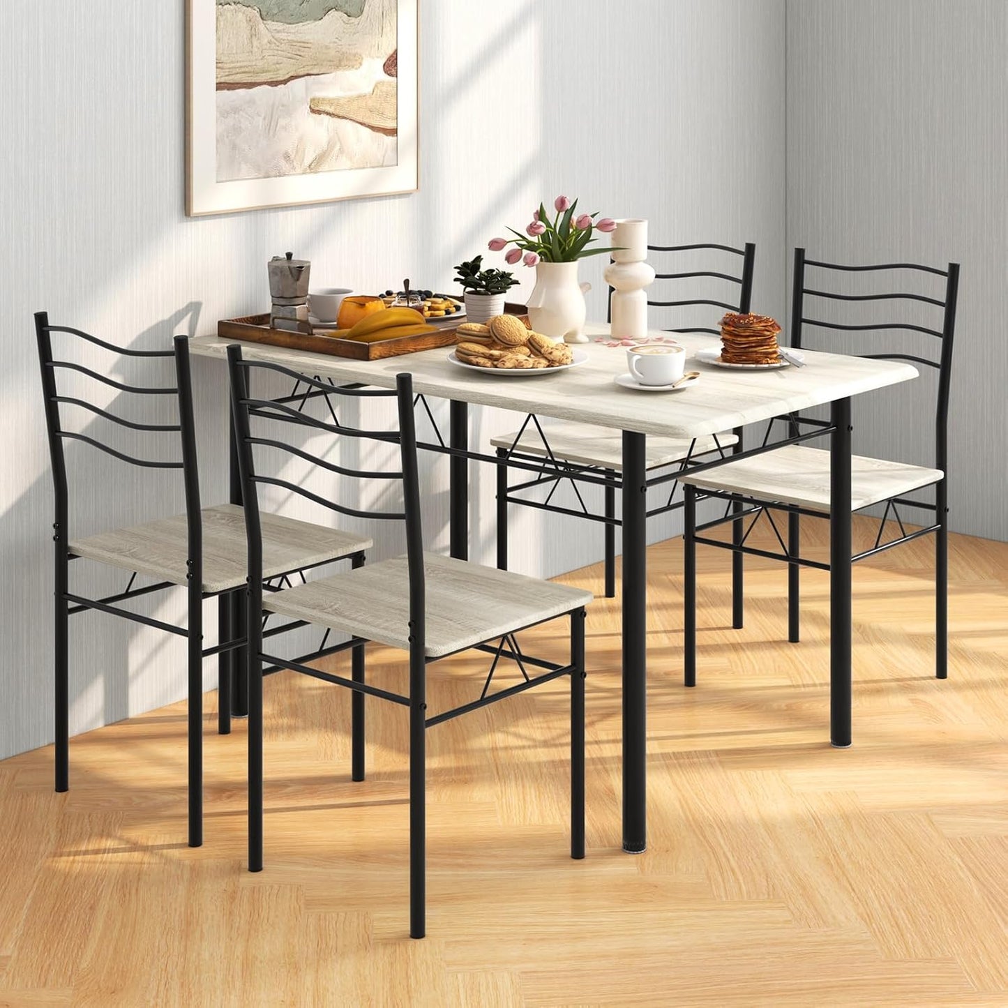 5 PCS Dining Table Set Counter Height Table and Chairs Set W/Steel Structure Dining Desk, 4 High Backrest Chairs & Anti-Slip Pads Dining Furniture Set for Kitchen and Restaurant(Beech Wood)