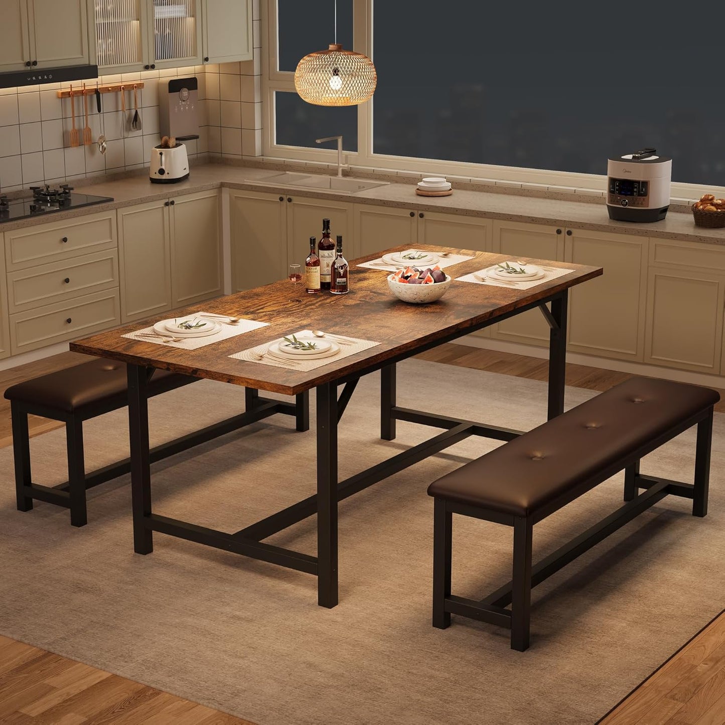 3-Piece Dining Table Set for 4-6 People, Extendable Kitchen Table Set with 2 Upholstered Benches, Dining Room Table Set for Apartment, Kitchen, Living Room, Brown