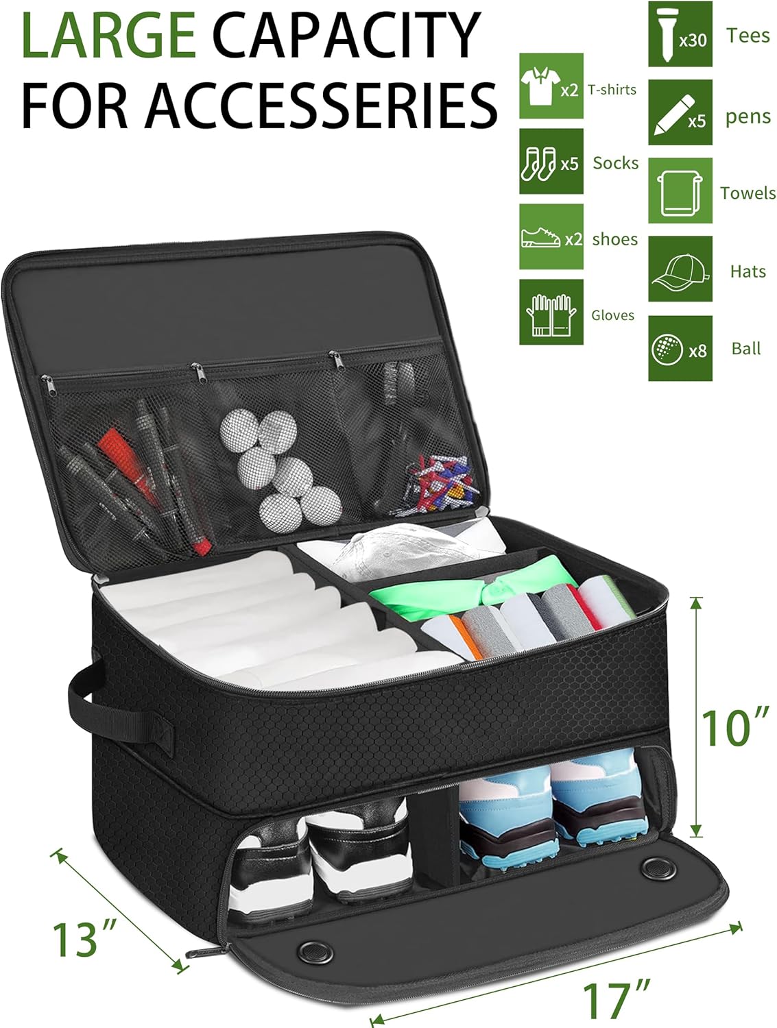 CAMPLAND 2 Layer Trunk Organizer, Waterproof Car Locker for 2 Pair Shoes, Durable Trunk Storage for Balls, Tees, Clothes, Gloves, Accessories, Golf Gifts