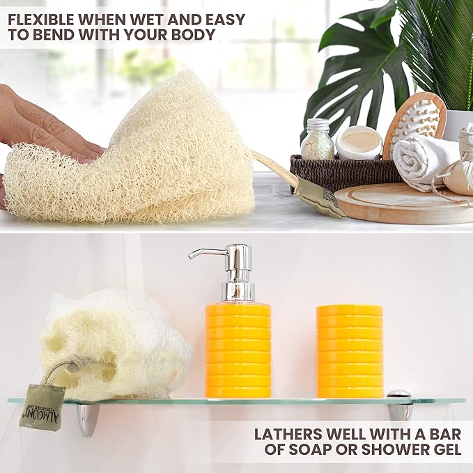 Almooni Egyptian Loofah Exfoliating Body Scrubber, Natural Real Egyptian Shower Loofah Sponge Body Scrubber for Women and Men, for Body and Face That Will Get You Clean - 3 Count (1 Pack)