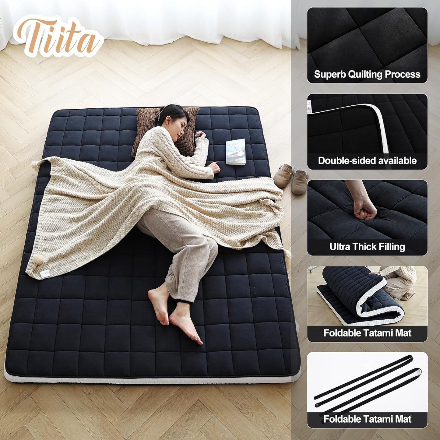 Tiita Japanese Floor Mattress, 4” Thicken Futon Mattress with Storage Bag and 2 Straps，Queen Size Sleeping Tatami Mat for Adults，Black