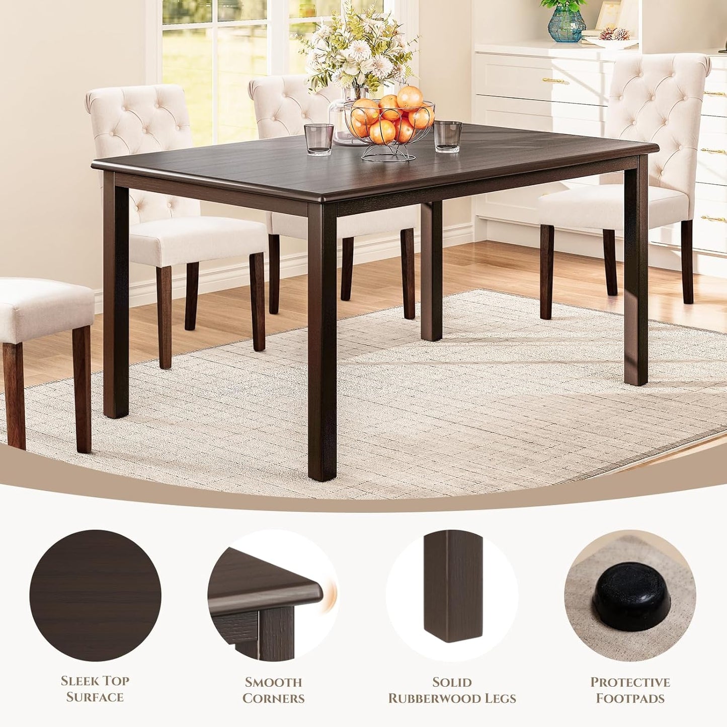 COLAMY 5-Piece Dining Table Set for 4, 60" Rectangular Farmhouse Kitchen Wood Table with 4 Tufted Dining Room Chairs, Brown/Beige