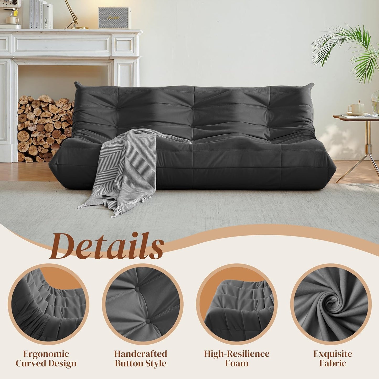 Bean Bag Chair, Large Fireside Chair Bean Bag Sofa for Adults, 3 Seater Bean Bag Chairs for Teens with High-Resilience Foam, Memory Foam Bean Bag for Living Room, Bedroom, Office (Suede, Dark Gray)