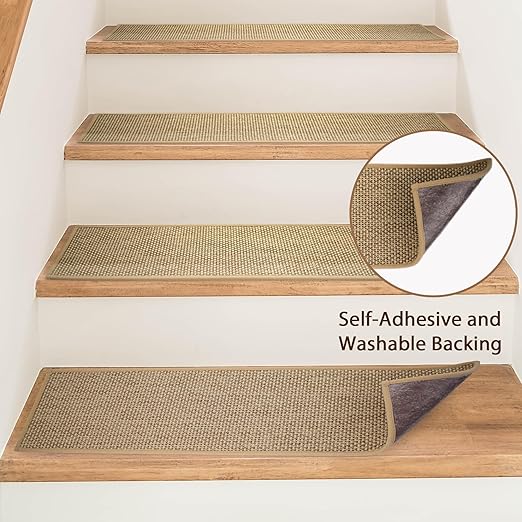Natural Linen Stair Treads for Wooden Steps, 4 Pcs 8" x 30",Non Slip Stair Runner, Peel and Stick Carpet Indoor for Kids Elders and Pets (4, Beige, 8" x 30")