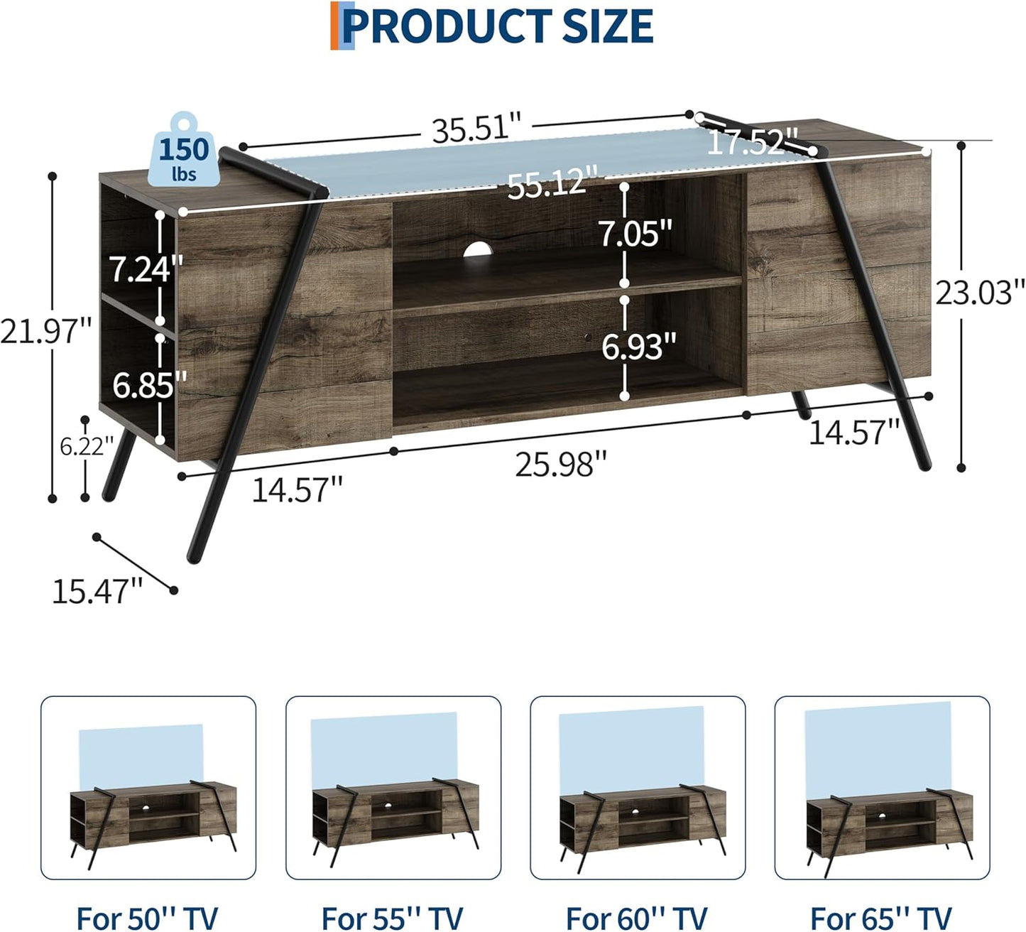 TV Stand for 65 60 55 50 Inch TV, 55" Mid Century Modern Entertainment Center with Adjustable Open Shelves & Metal Legs, Industrial Media Console Table for Living Room, Oak