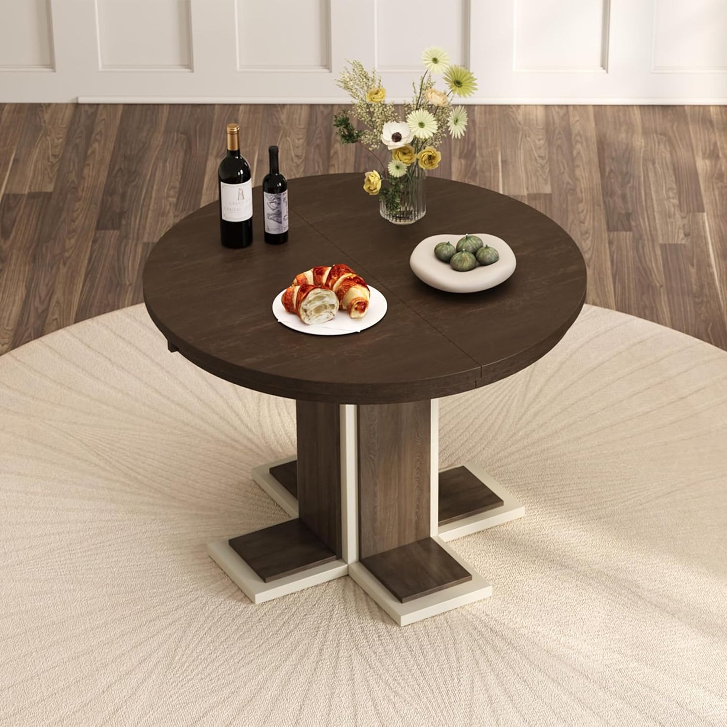 Mid-Century Modern Extendable Round Table with 16" Removable Leaf, Expandable Circular to Oval (42" to 58") Solid Wood Tabletop with Cross Design Trestle Legs for Kitchen Dining/Living Room