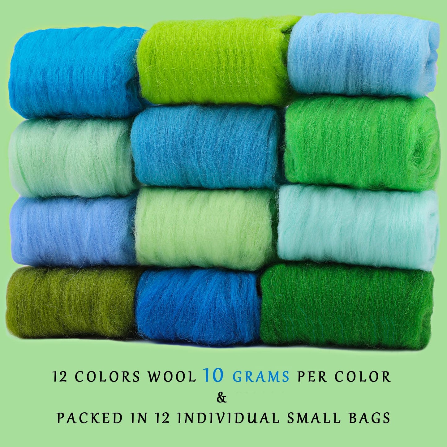 Wonvoc Needle Felting Wool, 12 Colors Wool Roving, 10g per Color 4.23 oz Total, Fibre Wool Yarn Roving, for Hand Spinning Needle Felting DIY Wool Crafts, Green and Blue