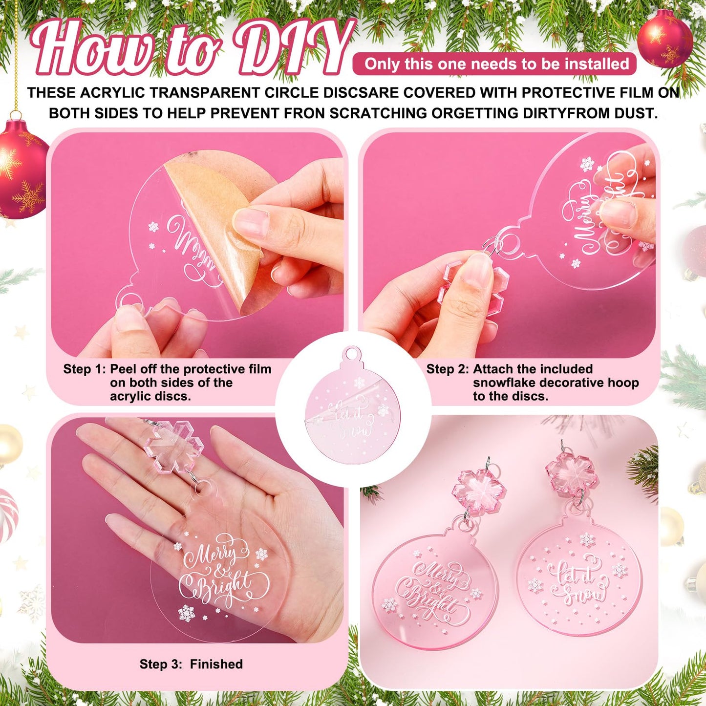 Cinnvoice 24 Pcs Christmas Pink Acrylic Snowflake Ornaments Decoration Set, Crystal Christmas Tree Hanging Pink Clear Flat Ornaments for Xmas Winter Holiday Craft Party Celebration