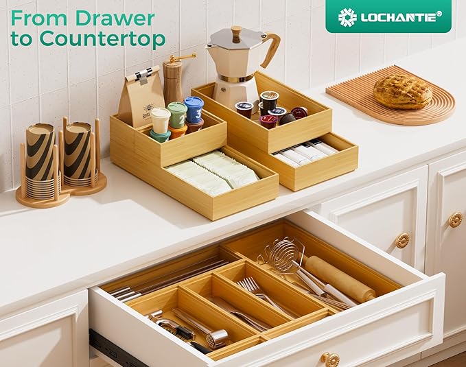 Bamboo Kitchen Drawer Organizer Boxes – 12" x 6" Stackable Wood Silverware Utensil Tray for Drawers Bins, Cutlery & Flatware Storage – Wooden Organizers Set of 2 for Junk Drawer, Bathroom, RV
