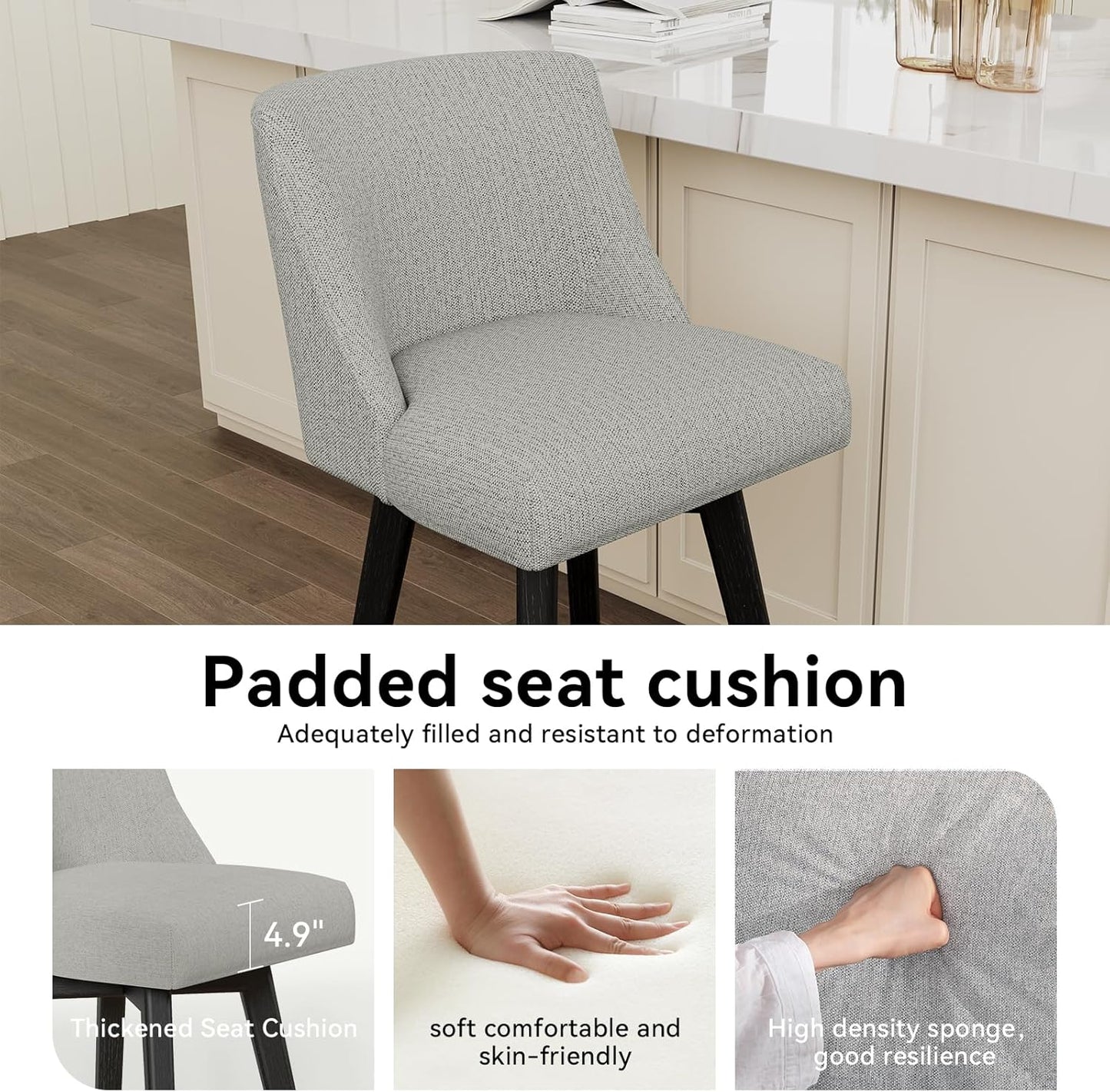 Vipbear Swivel Counter Height Bar Stools Set of 6,26.8" H Counter Stools with Back, Mid Century Modern Bar Stools for Kitchen Island,Linen Fabric,Wooden Base, Light Gray