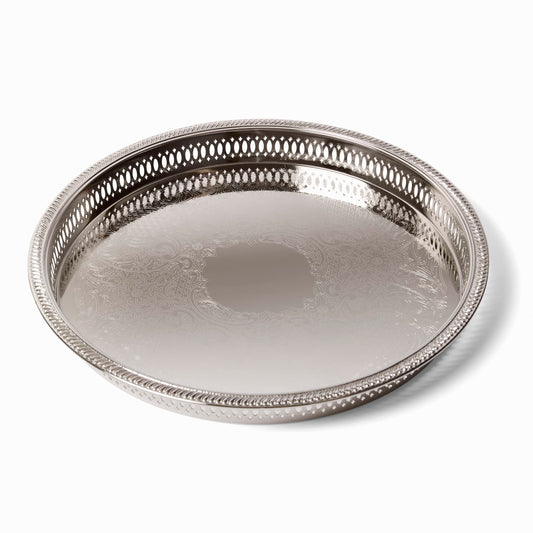 Elegance Round Metal Serving/Bar Tray,12.75 Inch Nickel Plated with Decorative Embossing Serves Champagne,Whiskey and Drinks – Silver Tone Drink,Perfume,Ottoman Tray for Home Bar,8924N