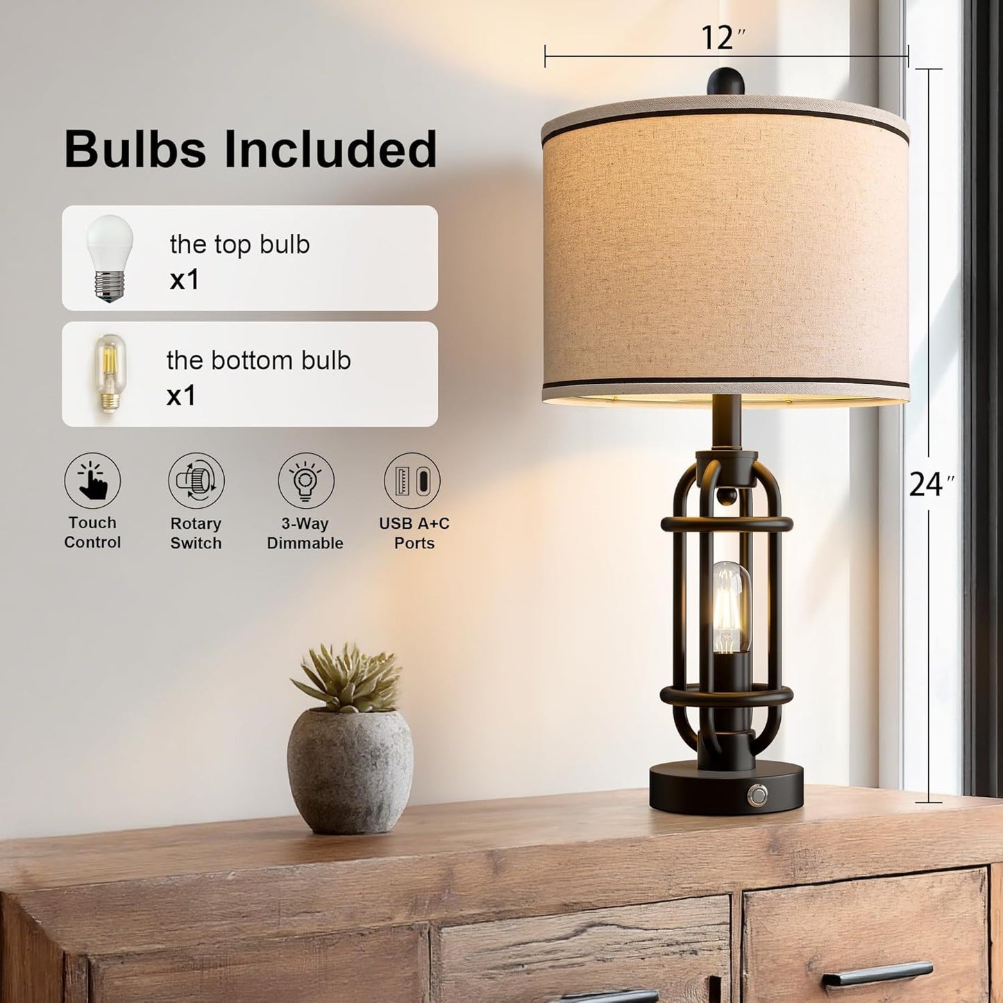 24'' Table Lamps for Living Room Bedroom Industrial Touch Lamp with USB A+C Ports, Night Light Farmhouse Vintage Nightstand Bedside Lamps for Night Stands Metal Black, Bulbs Included