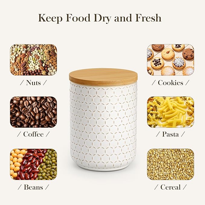 MALACASA Ceramic Canisters Set with Airtight Lids, 80/40/20 oz Coffee Canisters Sets for the Kitchen, Large Jars for Flour, Sugar, Pasta, Coffee, Cookies, Tea - Set of 3, Hexagon