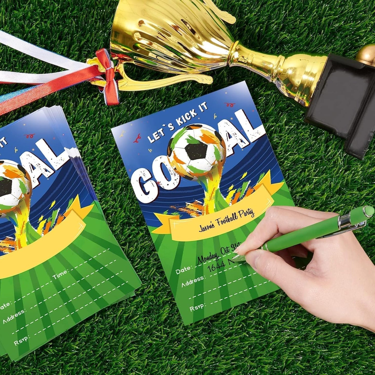 WERNNSAI 24 Set Soccer Birthday Invitations with Envelopes - Soccer Ball Birthday Party Supplies for Kids Boys Football Sport Blank Party Invites Cards with Goal Stickers for Bday Holiday Celebration