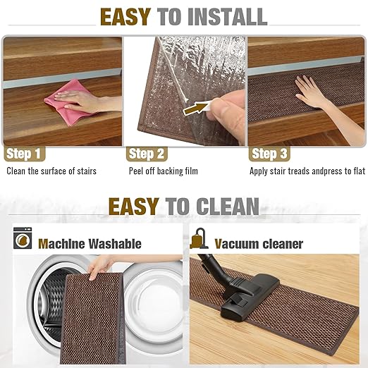 Stair Treads Non Slip for Wooden Steps Indoor 10" x 36" 4 Pack Extra Wide Stair Tread Carpet Stairs Runner, Step Pads with Reusable Adhesive for Dogs Kids Elders, Machine Washable, Brown