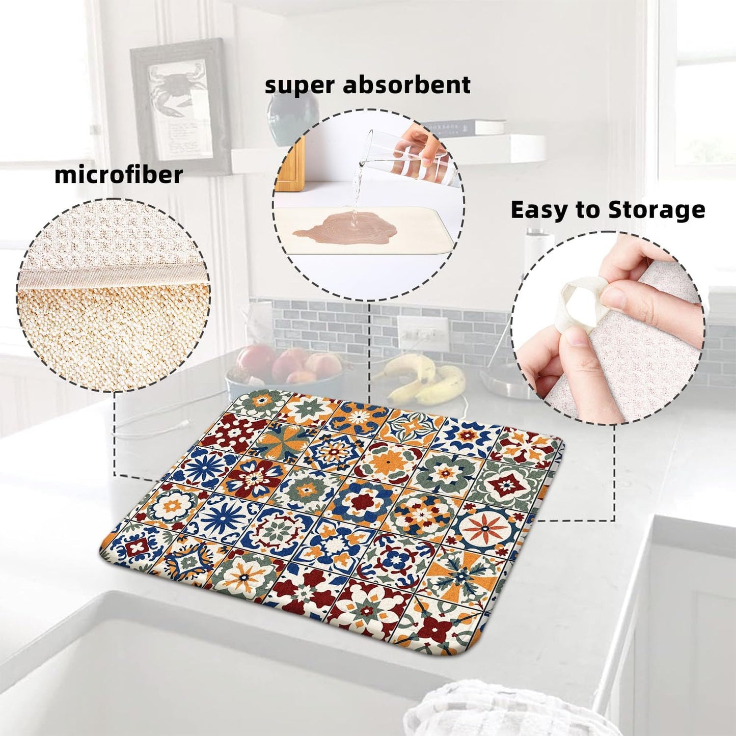 Mexican Tiles Drying Mat 16" X 18" Vintage Kitchen Counter Stone Dish Drying Mats For Kitchen Counter Xmas Drying Mats For Home Counter Drying Mats For Dishes Dish Table Mat Drying Mat