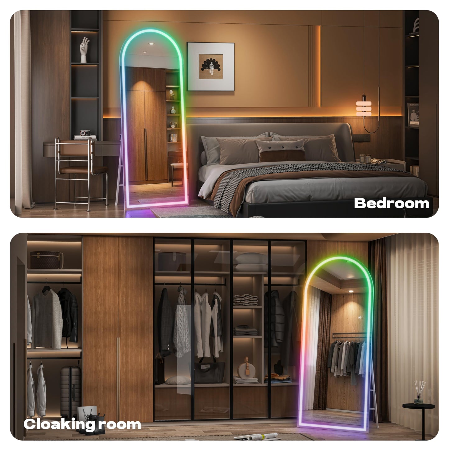 Hasipu Arch Full Length Mirror 79 x 32 in with Stand — Arch LED RGB Full Body Mirror, 7 Lighting Modes, Dimmable, Built‑in Bluetooth Speaker, White Frame for Bedroom Dressing Room
