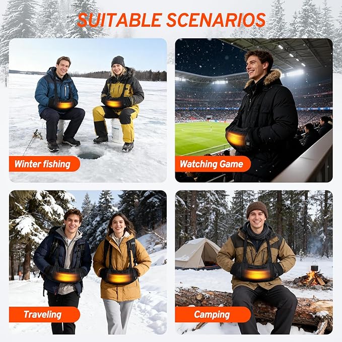 Heated Hand Warmers Pouch with 10000mAh Power Bank Included– 3 Levels Up to 14.5Hrs Double-Sided Heat, Adjustable Strap for Hunting & Camping, Waterproof Dual Pockets, Fleece Lined Survival Gear
