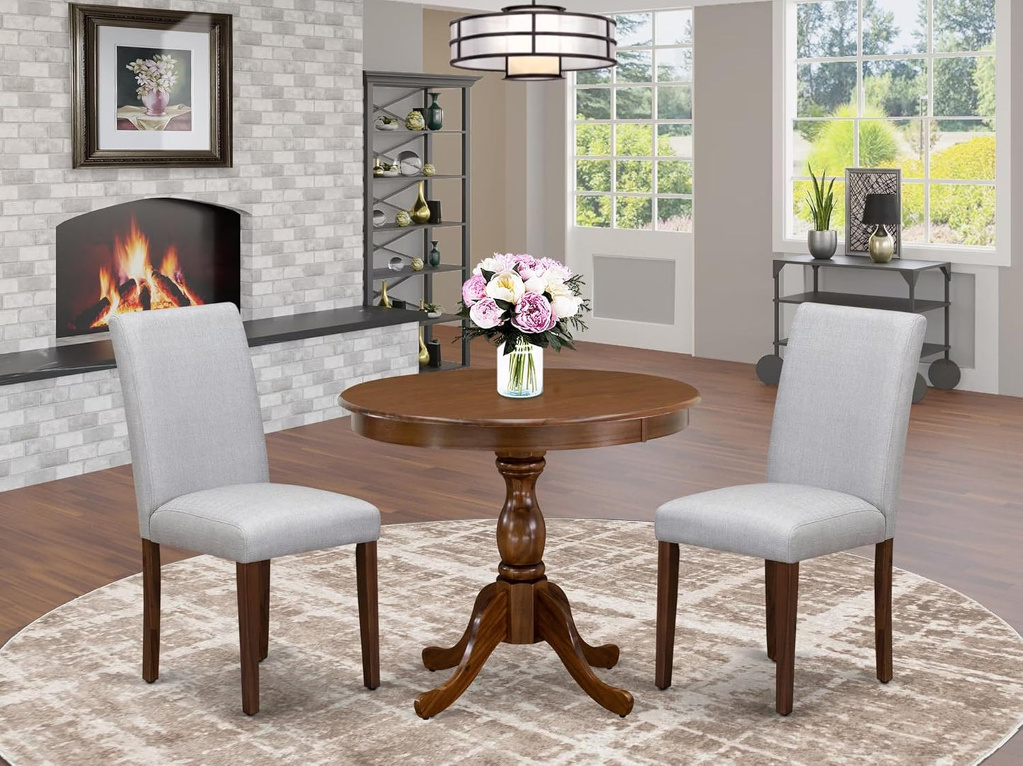 East West Furniture AMAB3-AWA-05 3 Piece Kitchen Table Set for Small Spaces Contains a Round Dining Room Table with Pedestal and 2 Grey Linen Fabric Parsons Chairs, 36x36 Inch, Walnut